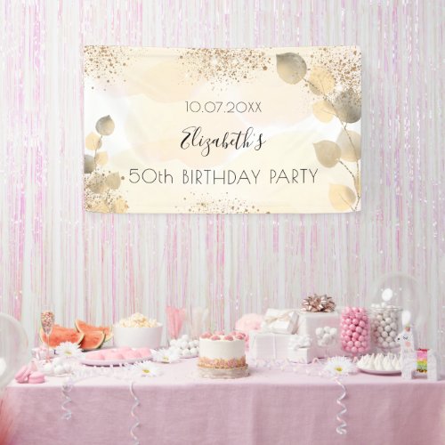 Birthday eucalyptus glitter gold monogram welcome banner