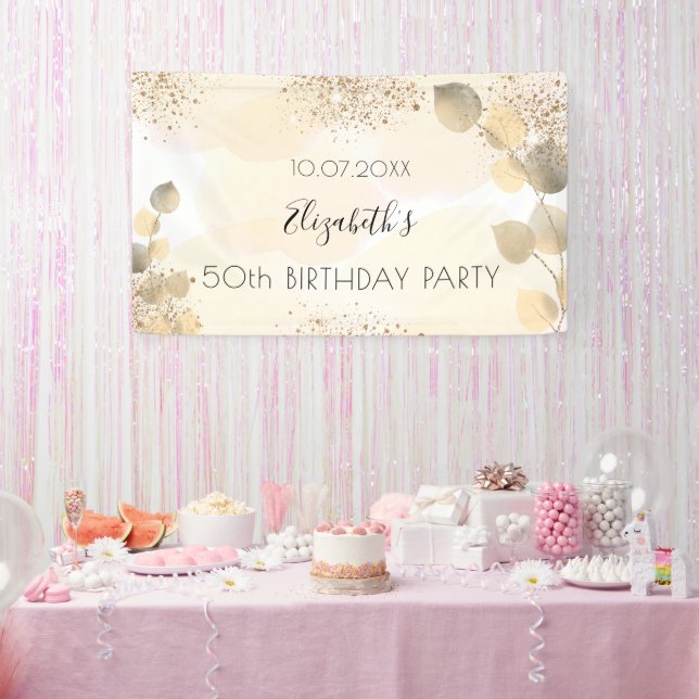 Birthday eucalyptus glitter gold monogram welcome banner (Party)