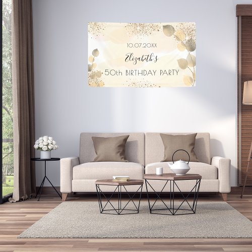 Birthday eucalyptus glitter gold monogram welcome banner