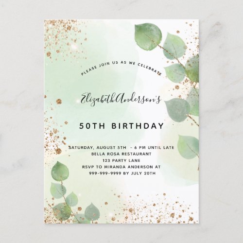 Birthday eucalyptus glitter greenry modern invitation postcard