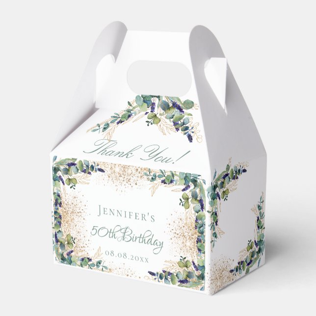 Birthday eucalyptus glitter name thank you favor boxes (Front Side)