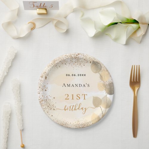 Birthday eucalyptus golden glitter monogram paper plates