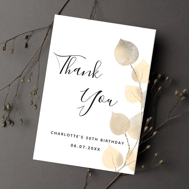 Birthday eucalyptus golden simple thank you card (Creator Uploaded)