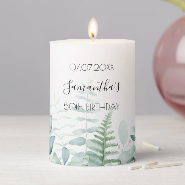 Birthday eucalyptus greeneey woodland ferns name pillar candle (In Situ)