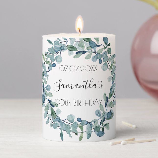 Birthday eucalyptus greeneey wreath name pillar candle (In Situ)