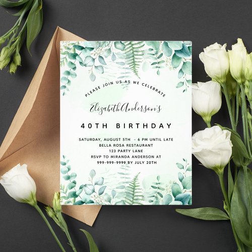 Birthday eucalyptus greenery budget invitation flyer