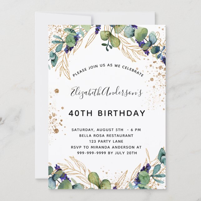 Birthday eucalyptus greenery elegant invitation (Front)