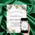 Birthday eucalyptus greenery glitter invitation<br><div class="desc">For a 40th (or any age) birthday party. A white background decorated with eucalyptus greenery and golden leaves. Decorated with faux golden glitter dots. Personalize and add your names and wedding details. Black and golden colored letters.
Back: white background.</div>