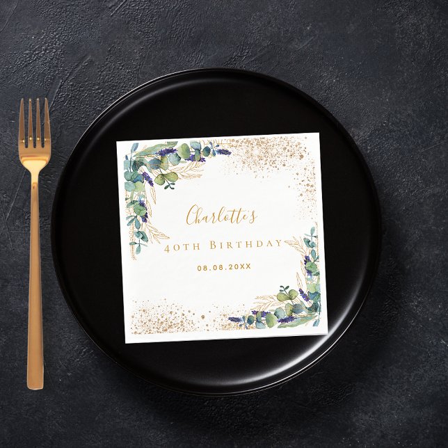 Birthday eucalyptus greenery glitter monogram napkins (Creator Uploaded)