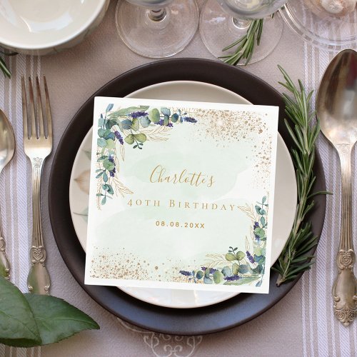 Birthday eucalyptus greenery glitter monogram napkins