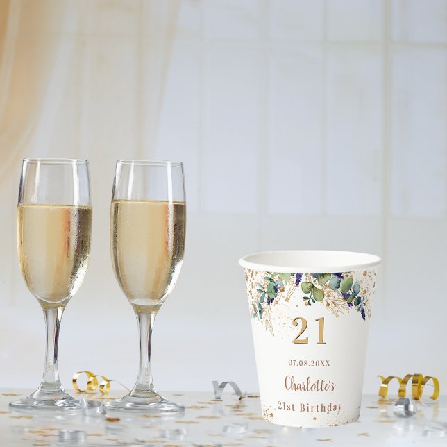 Birthday eucalyptus greenery glitter monogram paper cups (Creator Uploaded)