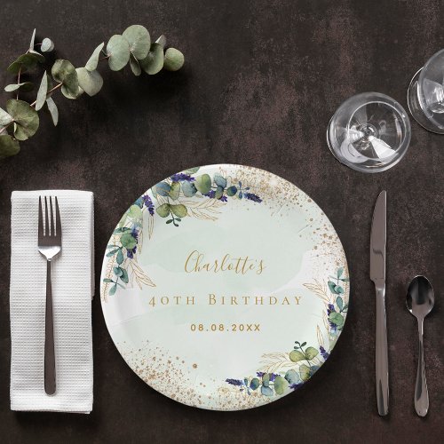 Birthday eucalyptus greenery glitter monogram paper plates