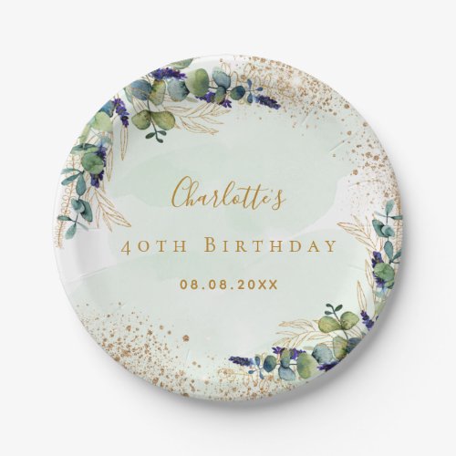 Birthday eucalyptus greenery glitter monogram paper plates