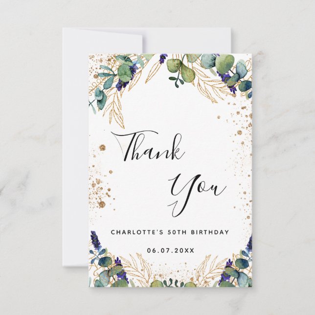 Birthday eucalyptus greenery glitter script thank you card (Front)