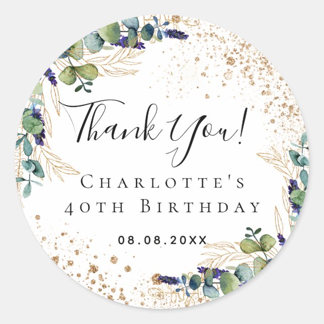 Birthday eucalyptus greenery glitter thank you classic round sticker (Front)