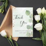 Birthday eucalyptus greenery gold glitter sparkles thank you card<br><div class="desc">A thank you card for a 50th (or any age) birthday. A green watercolored background decorated with eucalyptus greenery and faux gold glitter dust. On front large black colored hand lettered script and the text: Thank You, your text, title and a date. Back: Personalize and add Your thank you note...</div>