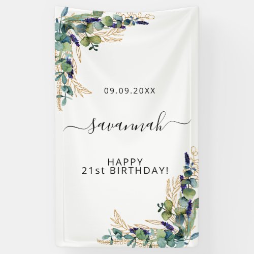 Birthday eucalyptus greenery gold monogram banner