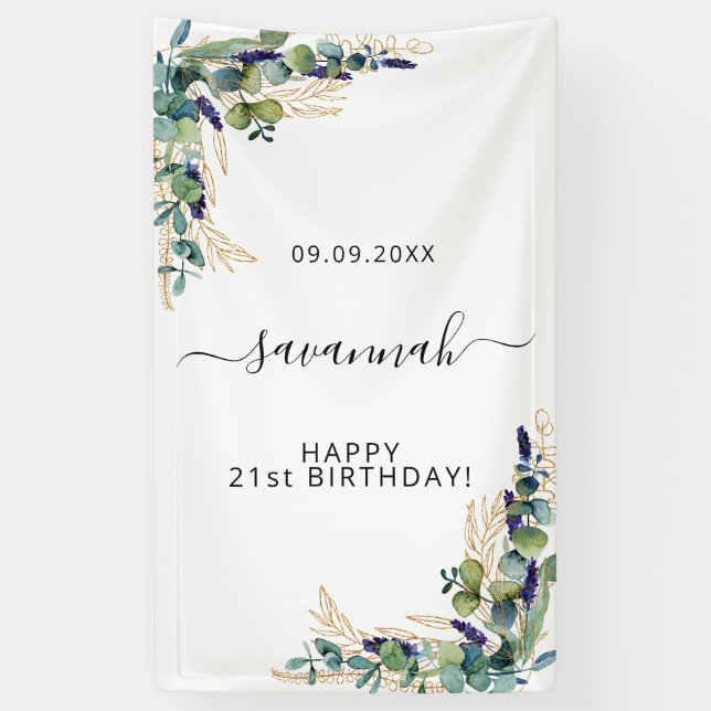 Birthday eucalyptus greenery gold monogram banner (Vertical)