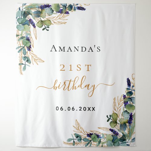 Birthday eucalyptus greenery gold monogram  tapestry