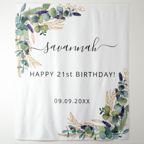 Birthday eucalyptus greenery gold monogram tapestry