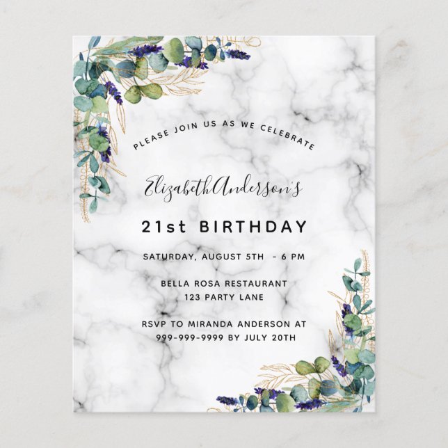 Birthday eucalyptus greenery marble invitation flyer (Front)