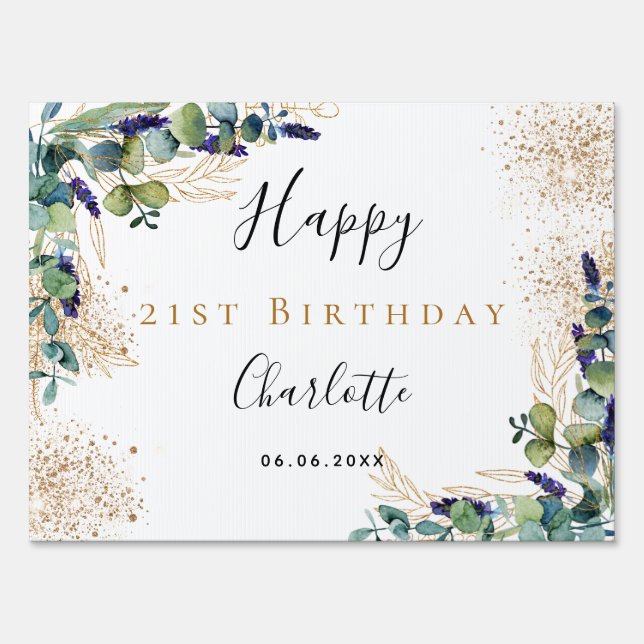 Birthday eucalyptus greenery modern monogram sign (Front)