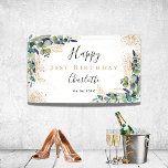 Birthday eucalyptus greenery modern welcome banner<br><div class="desc">Celebrating a 21st (or any age) birthday. A chic white background. Decorated with green watercolored eucalyptus leaves,  sprigs,  greenery,  faux gold leaves and golden glitter spots. Personalize and add the age,  name and a date. Black and golden letters.</div>