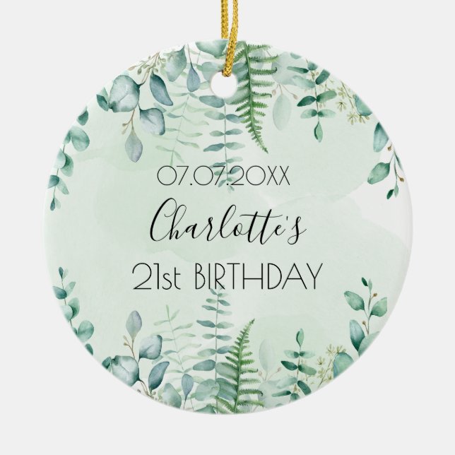 Birthday eucalyptus greenery name elegant ceramic ornament (Front)