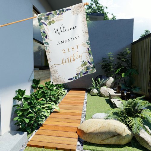 Birthday eucalyptus greenery name gold welcome house flag