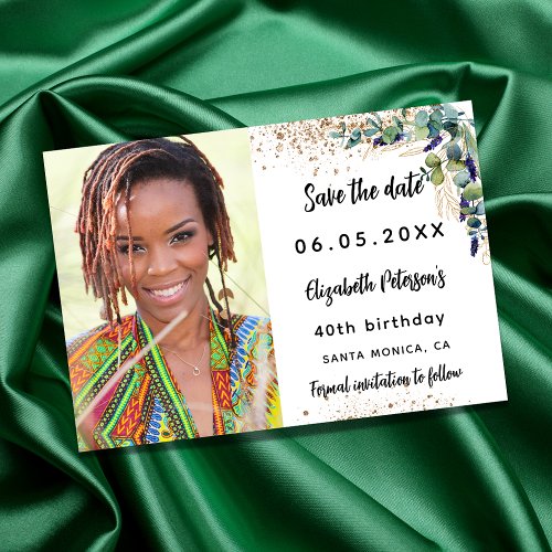 Birthday eucalyptus greenery photo save the date announcement postcard