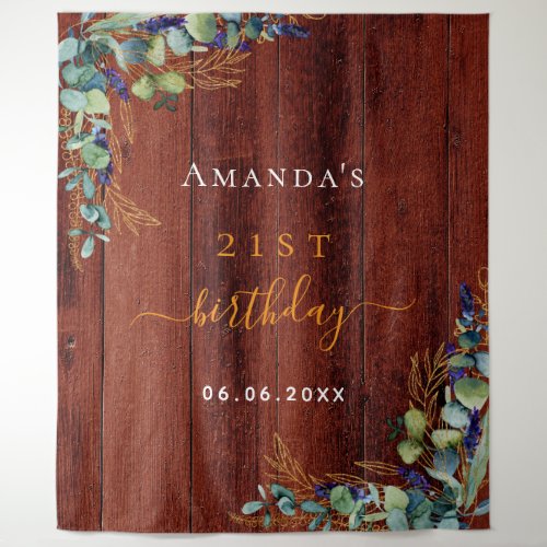 Birthday eucalyptus greenery rustic brown wood tapestry