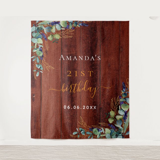 Birthday eucalyptus greenery rustic brown wood tapestry (Front)