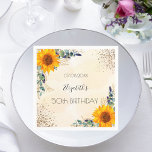 Birthday eucalyptus greenery sunflowers glitter napkins<br><div class="desc">A napkin for a girly and glamorous 50th (or any age) birthday party.  A stylish golden watercolored background decorated with sunflowers,  eucalyptus,  greenery,  golden foliage and faux gold glitter dust. Personalize and add a date,  name and age. The name is written with a modern hand lettered style script.</div>