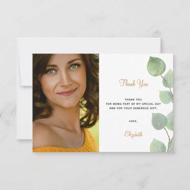 Birthday eucalyptus greenery white gold thank you card (Front)
