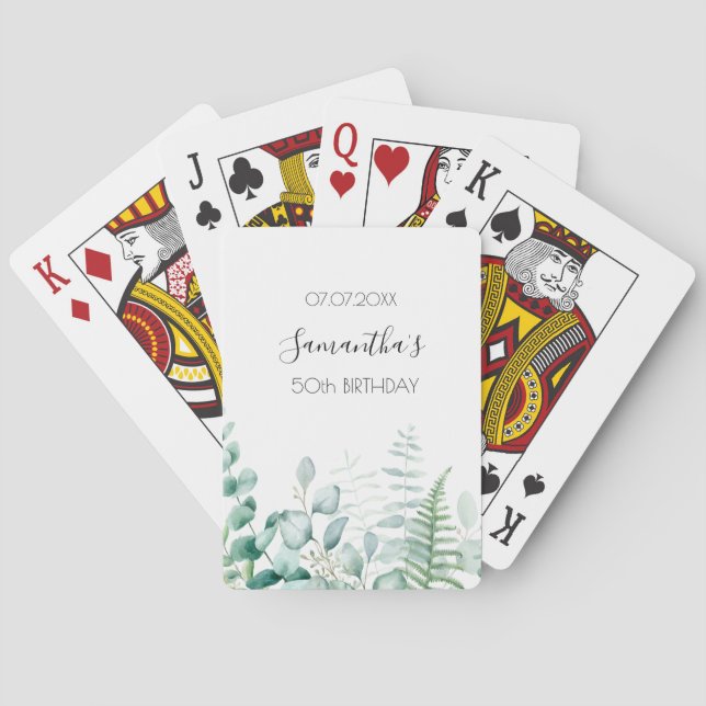Birthday eucalyptus greenery woodland ferns name poker cards (Back)