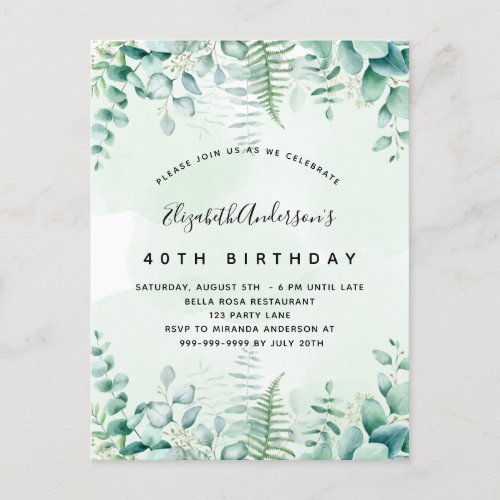 Birthday eucalyptus greenery woodland invitation postcard