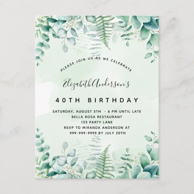 Birthday eucalyptus greenery woodland invitation postcard (Front)