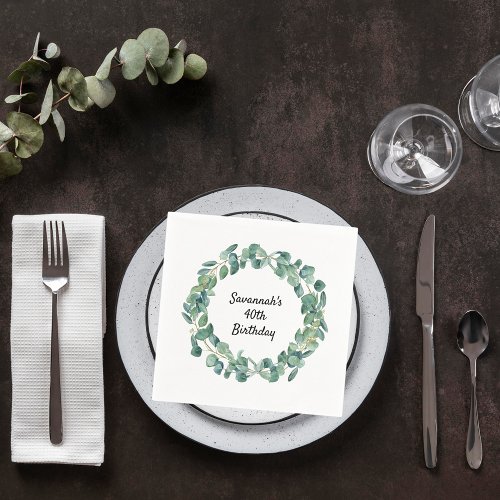 Birthday eucalyptus greenery wreath name elegant napkins