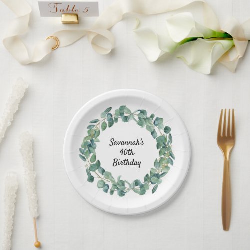 Birthday eucalyptus greenery wreath name elegant  paper plates