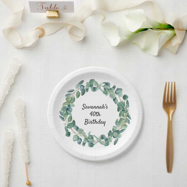 Birthday eucalyptus greenery wreath name elegant  paper plates (Wedding)