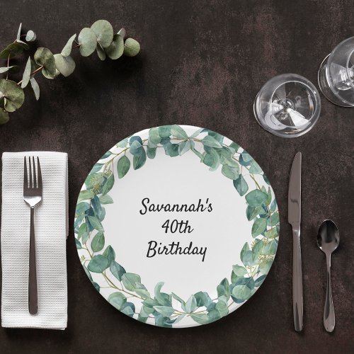 Birthday eucalyptus greenery wreath name paper plates