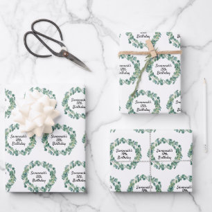 Birthday eucalyptus greenery wreath name script wrapping paper sheets