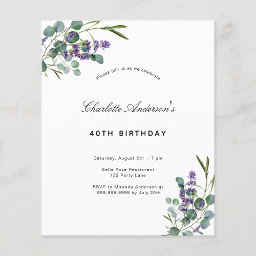 Birthday eucalyptus lavender budget invitation flyer