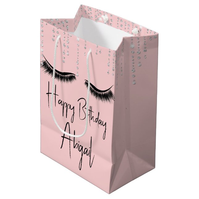 Birthday Eyelashes with Bling on Pink Medium Gift Bag (Front Angled)