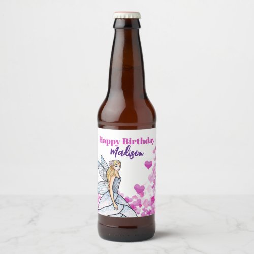 Birthday Fairy Princess Pink Hearts Fashion Sketch Beer Bottle Label