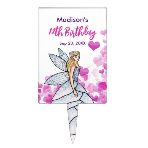 Birthday Fairy Princess Pink Hearts Fashion Sketch Cake Topper