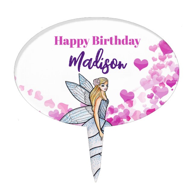 Birthday Fairy Princess Pink Hearts Fashion Sketch Cake Topper (Front)