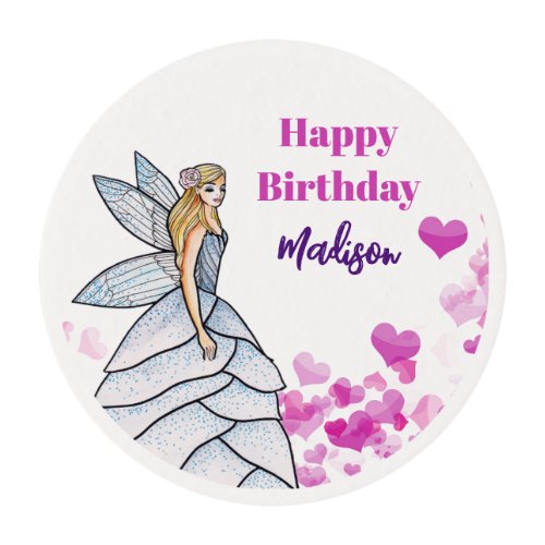 Birthday Fairy Princess Pink Hearts Fashion Sketch Edible Frosting Rounds