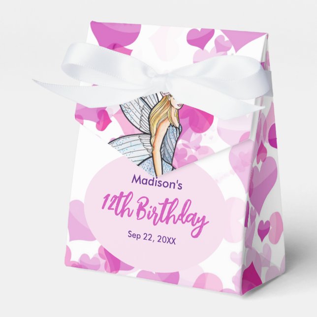 Birthday Fairy Princess Pink Hearts Fashion Sketch Favor Boxes (Front Side)