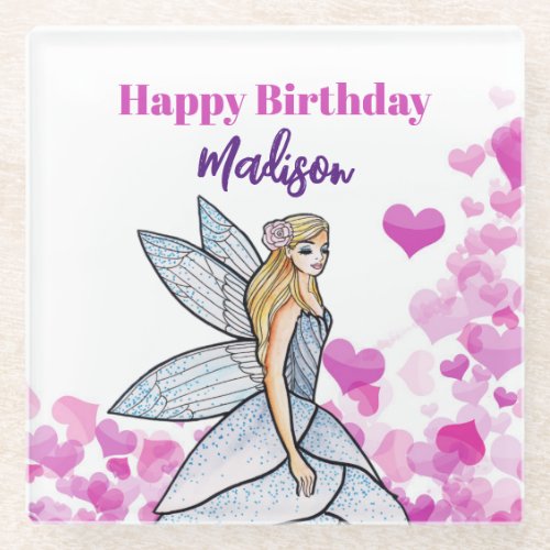 Birthday Fairy Princess Pink Hearts Fashion Sketch Glass Coaster